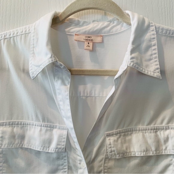 COMO VINTAGE Women’s White Long-sleeve V-neck Button Shirt with Pockets Small - Picture 3 of 10